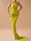 Sheath/Column One Shoulder Jersey Sweep Train Prom Dresses With Ruched #Milly020119362