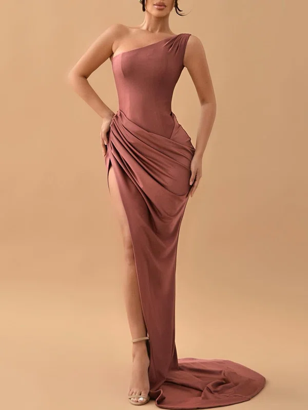 Sheath/Column One Shoulder Silk-like Satin Sweep Train Prom Dresses With Ruched #Milly020119366
