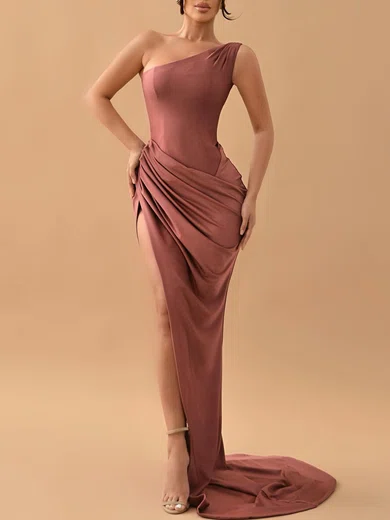 Sheath/Column One Shoulder Ruched Satin Sweep Train Formal Dresses PT020119366