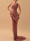 Sheath/Column One Shoulder Silk-like Satin Sweep Train Prom Dresses With Ruched #Milly020119366