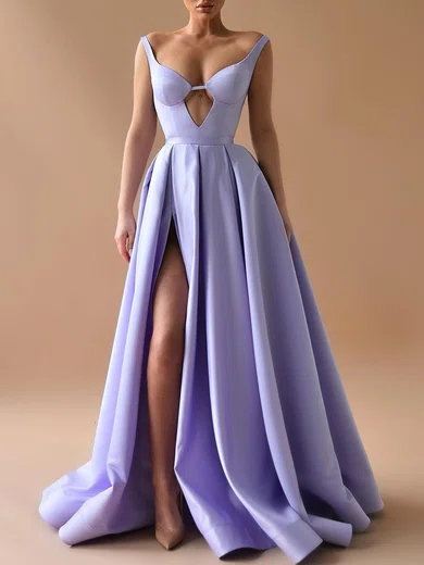 Ball Gown/Princess V-neck Satin Floor-length Formal Dresses With Split Front PT020119370
