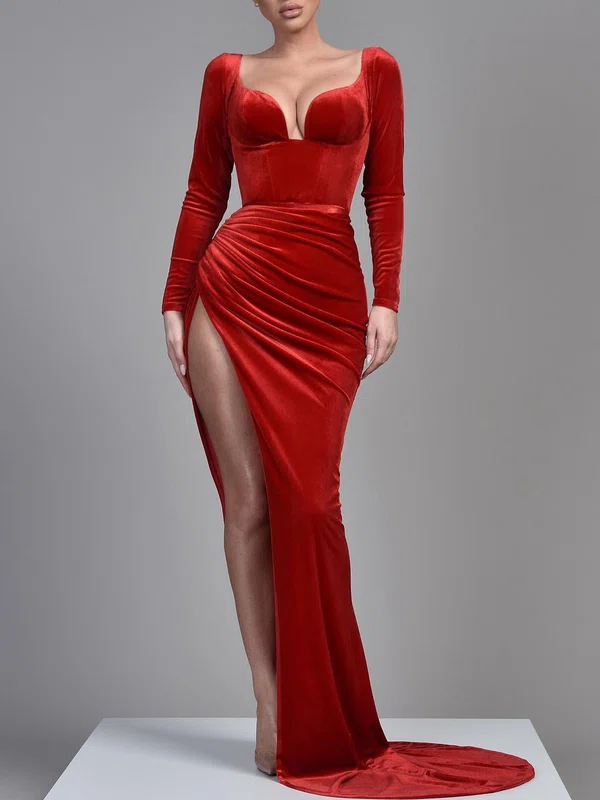 Sheath/Column V-neck Velvet Sweep Train Prom Dresses With Ruched #Milly020119380