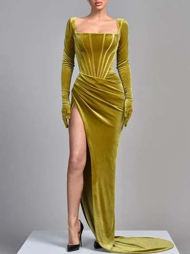 Sheath/Column Square Neckline Velvet Sweep Train Formal Dresses With Split Front PT020119386