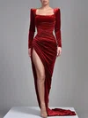 Sheath/Column Square Neckline Velvet Sweep Train Prom Dresses With Ruched #Milly020119392