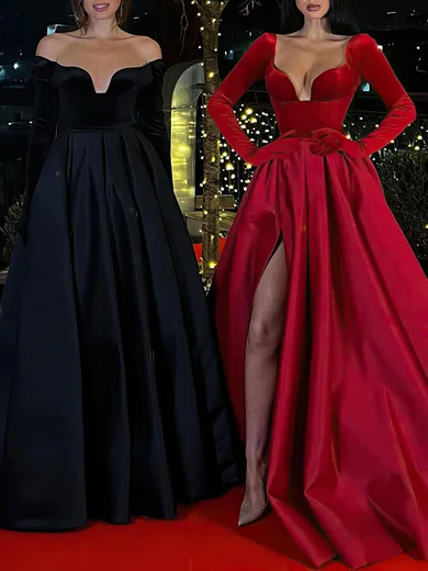 Ball Gown/Princess V-neck Satin Velvet Floor-length Formal Dresses With Split Front PT020119394