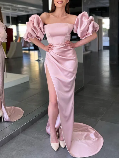 Puffy Sleeves Pink Off The Shoulder Sheath Column Prom Dress