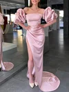 Sheath/Column Off-the-shoulder Satin Sweep Train Prom Dresses With Split Front #Milly020119412