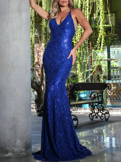 Trumpet/Mermaid V-neck Lace Sweep Train Formal Dresses With Sequin PT020119434