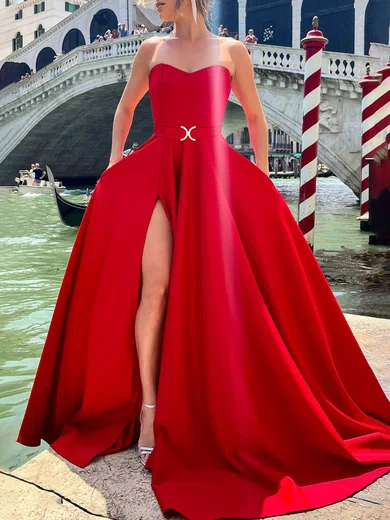 Red Ball Gown Strapless Satin Prom Dresses With Ruched #Milly020119462