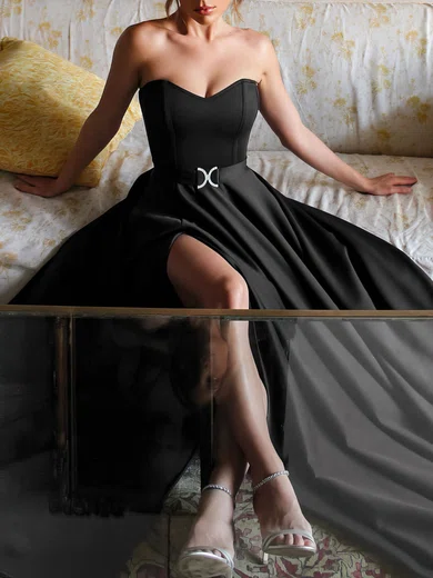 Black Ball Gown Strapless Satin Prom Dresses With Ruched #Milly020119463