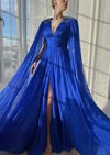 Ball Gown/Princess V-neck Chiffon Sweep Train Prom Dresses With Beading #Milly020120061