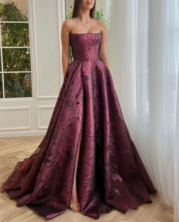 Ball Gown/Princess Straight Metallic Sweep Train Prom Dresses With Pockets #Milly020120062