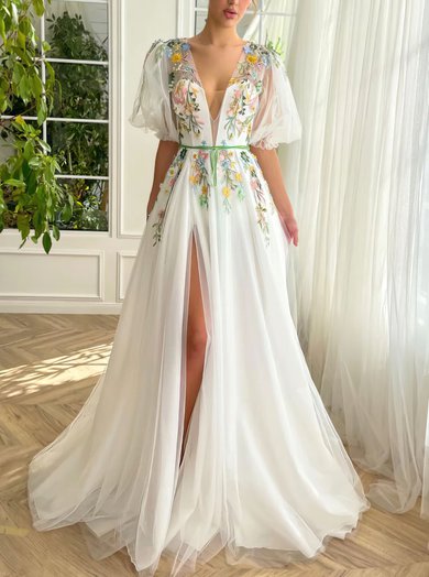 Ball Gown/Princess V-neck Tulle Sweep Train Prom Dresses With Sashes / Ribbons #Milly020120065
