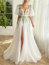 Ball Gown/Princess V-neck Tulle Sweep Train Prom Dresses With Sashes / Ribbons #Milly020120065