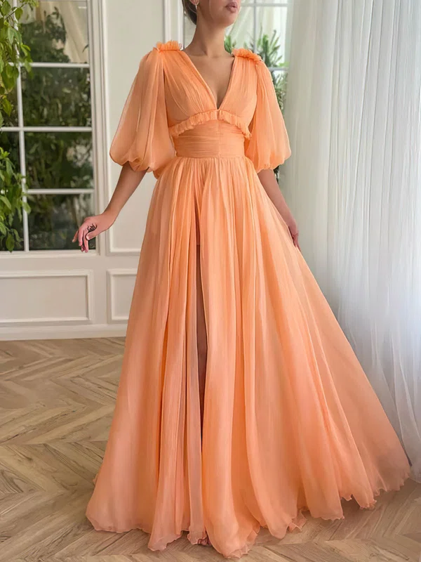Ball Gown/Princess V-neck Chiffon Floor-length Prom Dresses With Ruched #Milly020120067