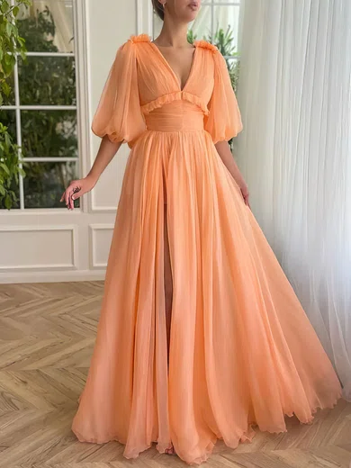 Ball Gown V-neck Puff Sleeve Chiffon Prom Dresses With Ruched #Milly020120067