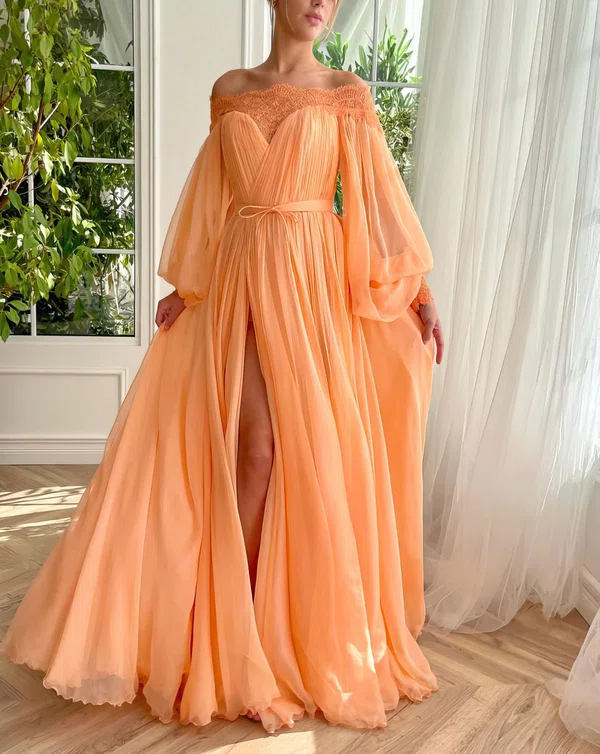 Ball Gown/Princess Off-the-shoulder Lace Chiffon Sweep Train Prom Dresses With Sashes / Ribbons #Milly020120068