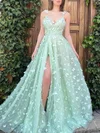 Ball Gown/Princess V-neck Glitter Sweep Train Prom Dresses With Flower(s) #Milly020120074