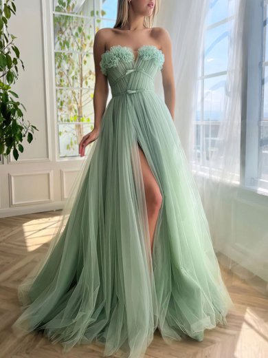 Ball Gown/Princess Straight Tulle Sweep Train Prom Dresses With Ruched #Milly020120075