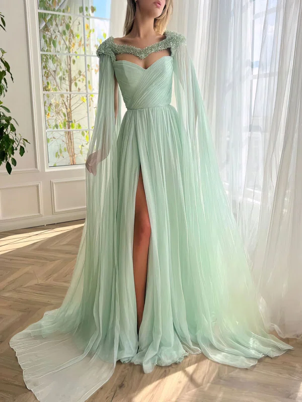 Ball Gown/Princess V-neck Chiffon Sweep Train Prom Dresses With Beading #Milly020120076