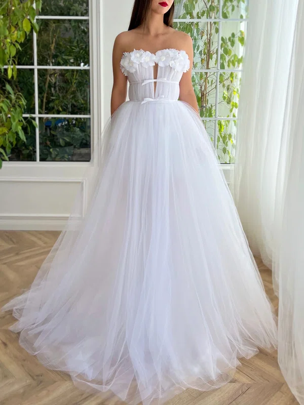 Ball Gown Strapless Tulle 3D Floral Prom Dresses With Ruched #Milly020120079