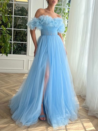 Ball Gown/Princess Off-the-shoulder Tulle Sweep Train Prom Dresses With Ruffles #Milly020120080