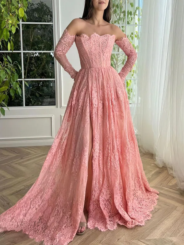 Ball Gown/Princess Straight Lace Sweep Train Prom Dresses With Pockets #Milly020120081