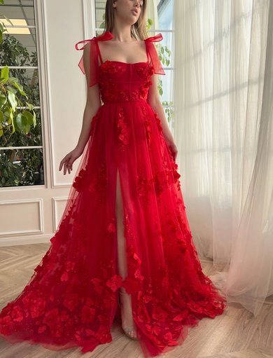 Ball Gown Square Neckline Tulle Sweep Train Prom Dresses With Flower(s) S020120090