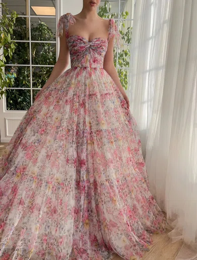 Ball Gown Sweetheart Chiffon Floral Prom Dresses With Ruched #Milly020120096