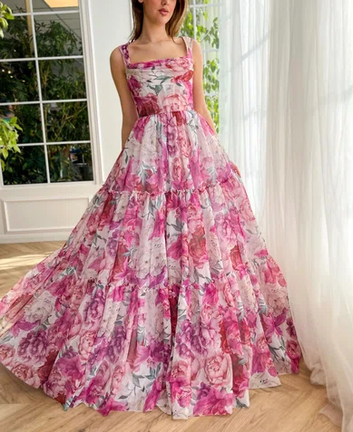 Ball Gown Cowl Neck Chiffon Floral Prom Dresses With Ruched #Milly020120099