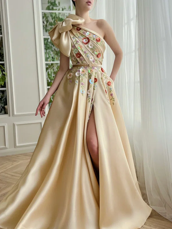 Ball Gown/Princess One Shoulder Satin Sweep Train Prom Dresses With Bow #Milly020120101