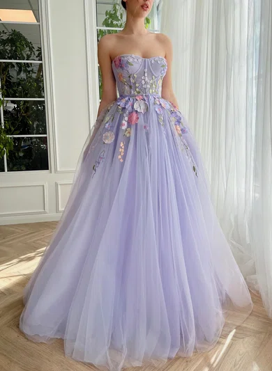 Ball Gown Strapless Tulle 3D Floral Prom Dresses #Milly020120103