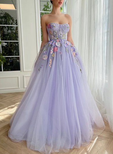 Ball Gown/Princess Sweetheart Tulle Sweep Train Prom Dresses With Flower(s) #Milly020120103