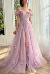 Ball Gown/Princess Off-the-shoulder Tulle Sweep Train Prom Dresses With Sashes / Ribbons #Milly020120105