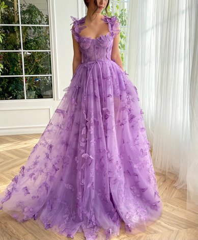 Ball Gown/Princess Square Neckline Tulle Sweep Train Prom Dresses With Sashes / Ribbons #Milly020120107