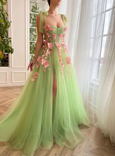 Ball Gown V-neck Tulle 3D Floral Prom Dresses #Milly020120108