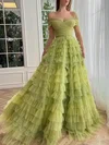 Ball Gown/Princess Off-the-shoulder Lace Tulle Sweep Train Prom Dresses With Tiered #Milly020120111