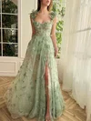 Ball Gown V-neck Tulle Sweep Train Prom Dresses With Sashes / Ribbons S020120112