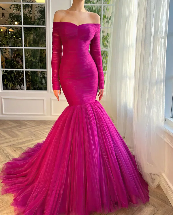Trumpet/Mermaid Off-the-shoulder Tulle Court Train Prom Dresses With Ruched #Milly020120119