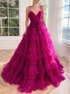 Ball Gown/Princess V-neck Tulle Sweep Train Prom Dresses With Sashes / Ribbons #Milly020120120