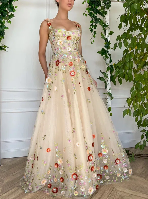 Ball Gown/Princess Square Neckline Tulle Floor-length Prom Dresses With Flower(s) #Milly020120135