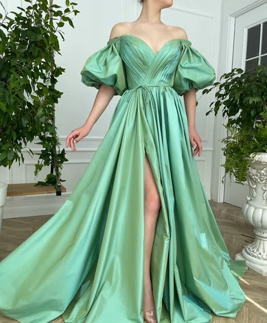 Ball Gown Off-the-shoulder Puff Sleeve Satin Prom Dresses With Ruched #Milly020120144