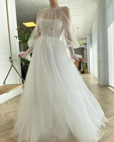 Ball Gown High Neck Long Sleeves Tulle Prom Dresses With Lace #Milly020120149