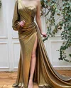 Trumpet/Mermaid One Shoulder Metallic Sweep Train Prom Dresses With Ruched #Milly020120156