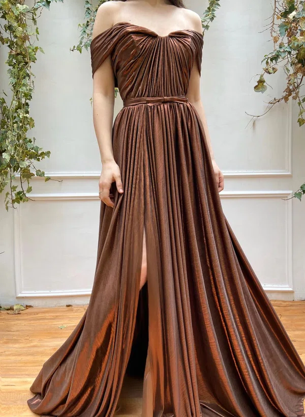 Ball Gown/Princess Off-the-shoulder Metallic Sweep Train Prom Dresses With Pockets #Milly020120158