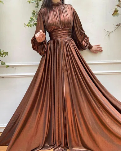 Ball Gown High Neck Metallic Prom Dresses With Long Sleeves #Milly020120159