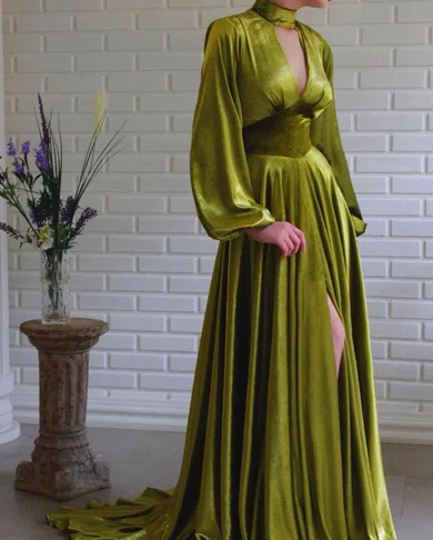 Ball Gown High Neck Velvet Long Sleeves Cut Out Prom Dresses #Milly020120160