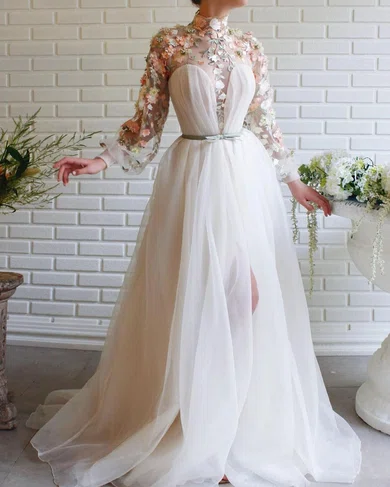 Ball Gown High Neck Long Sleeves Tulle Prom Dresses With Floral #Milly020120163