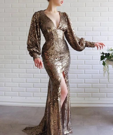 Mermaid V-neck Cut Out Sparkly Sequin Prom Dresses With Long Sleeves #Milly020120164