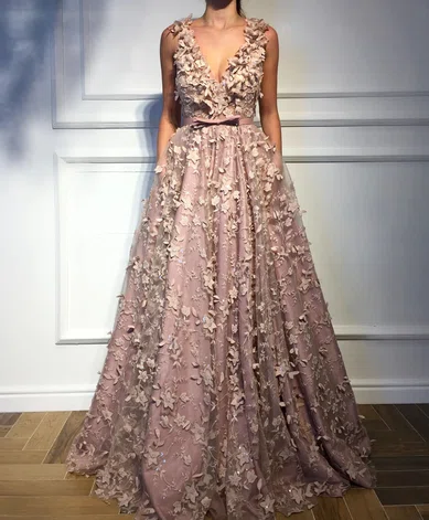 Ball Gown V-neck Lace 3D Floral Prom Dresses #Milly020120167